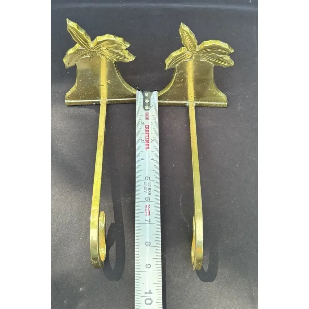 2 Vintage Gold Bell Solid Brass Stocking Holder Hooks Heavy Christmas A56